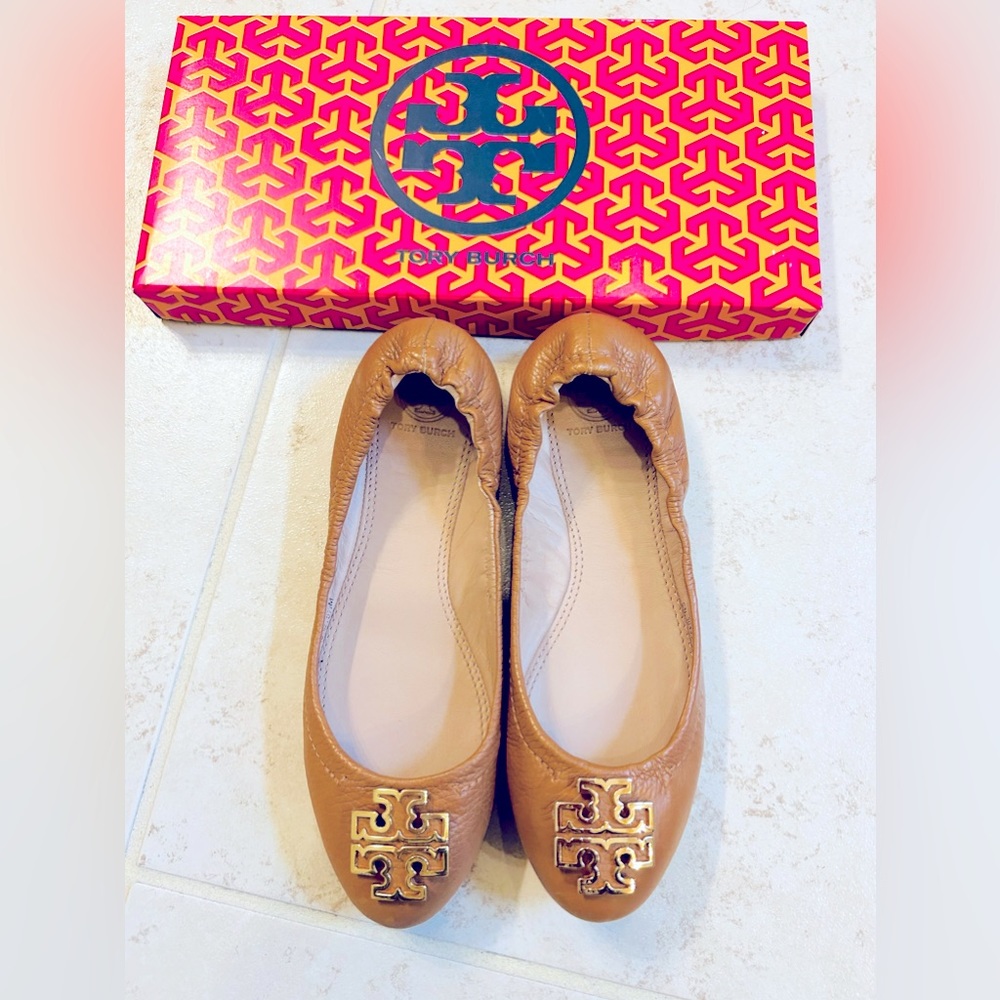 Tory Burch MELINDA Ballet Flats Leather in Royal Tan/ Gold size 5.5